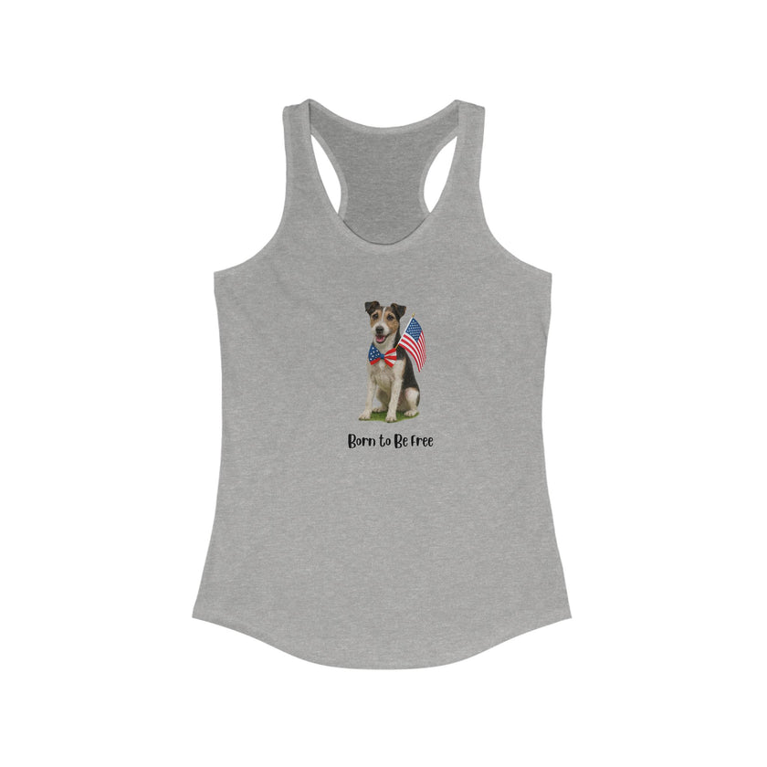 Gray tank top with a dog graphic and 'Born to be Free' text on a white background
