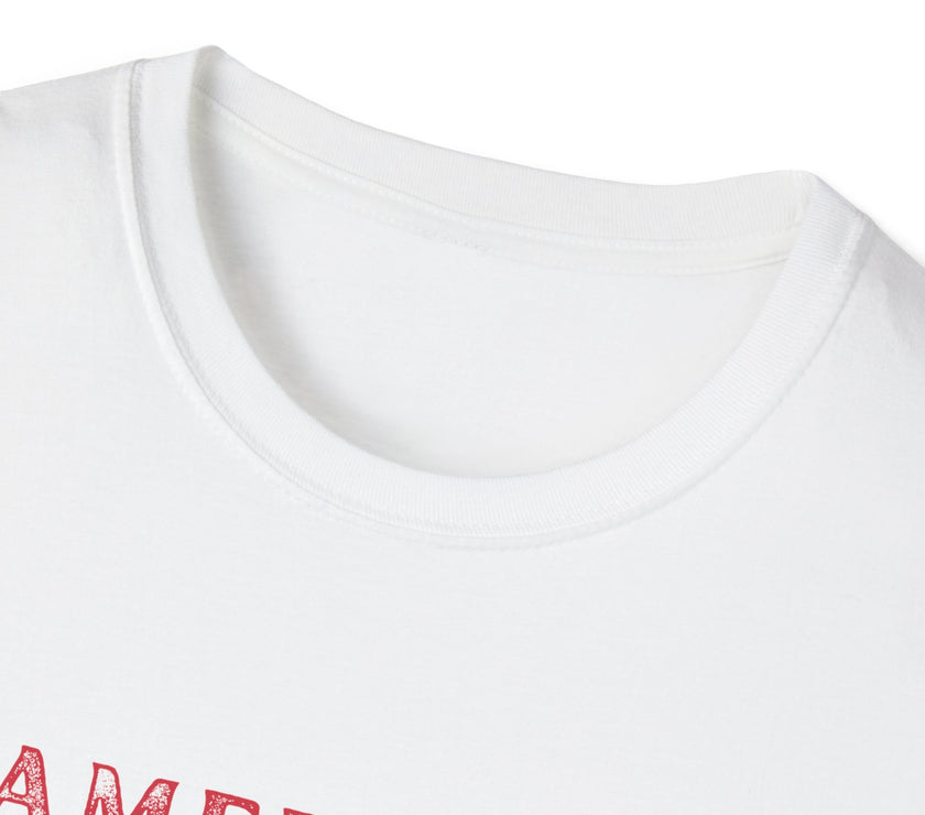 T-shirt (view of collar) featuring an American flag graphic with the words 'AMERICAN DREAM' in red and blue text above and below the flag