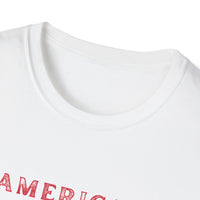 T-shirt (view of collar) featuring an American flag graphic with the words 'AMERICAN DREAM' in red and blue text above and below the flag