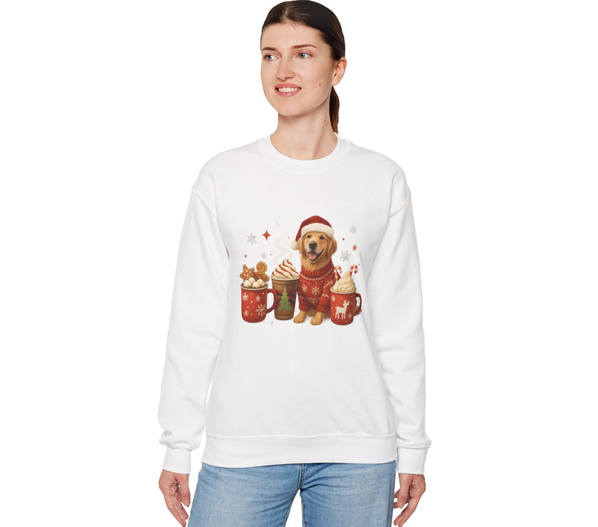 Woman wearing a white sweatshirt with a Christmas-themed design of a dog and hot chocolate mugs.