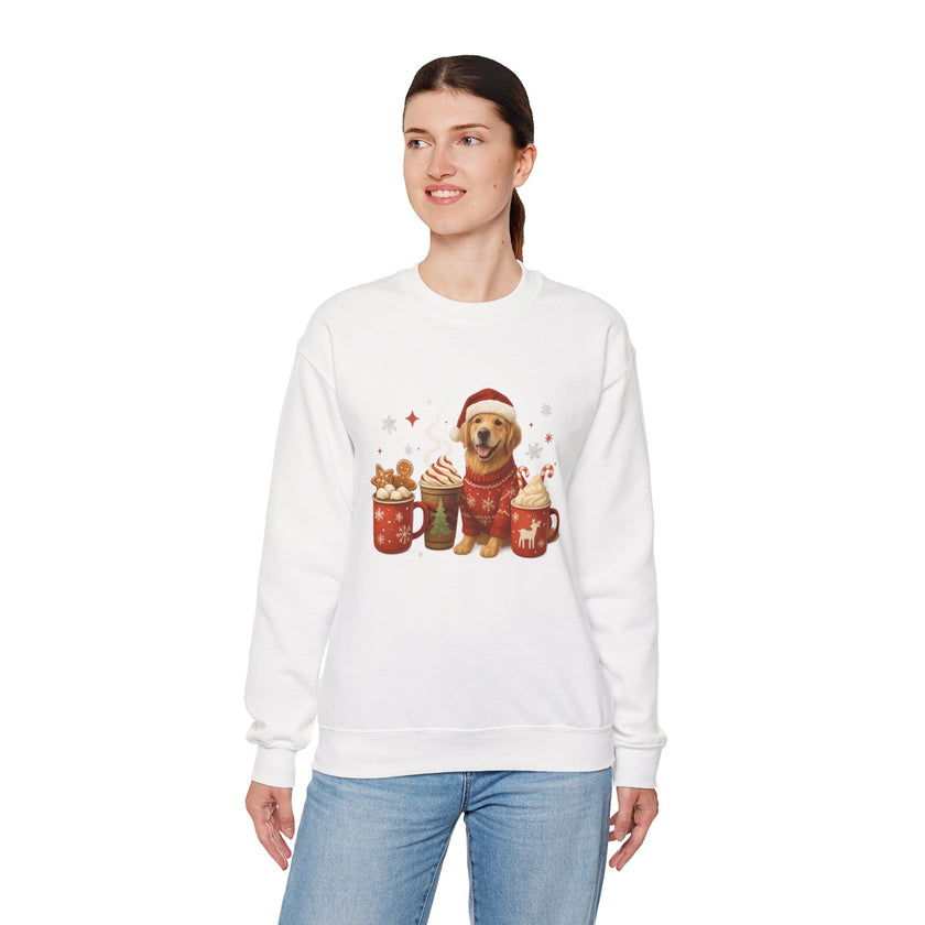 Woman wearing a white sweatshirt with a Christmas-themed design of a dog and hot chocolate mugs.