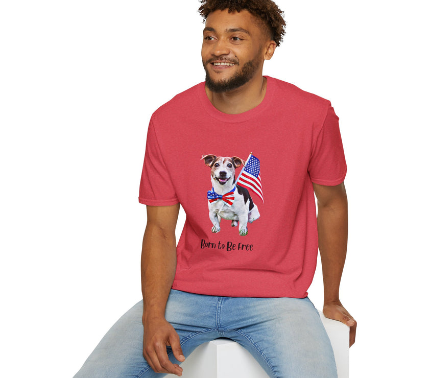 Male wearing T-shirt featuring a cute golden doodle puppy wearing an American flag bow tie and holding a small U.S. flag, with the phrase 'Born to Be Free' printed below the image.
