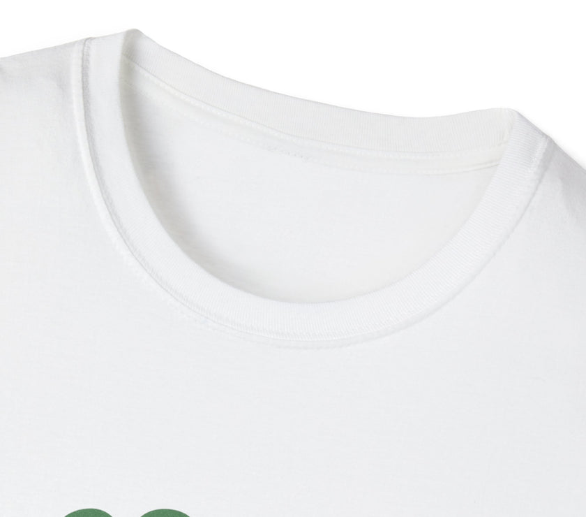 Close-up of a white shirt with green text on a white background