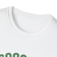 Close-up of a white shirt with green text on a white background