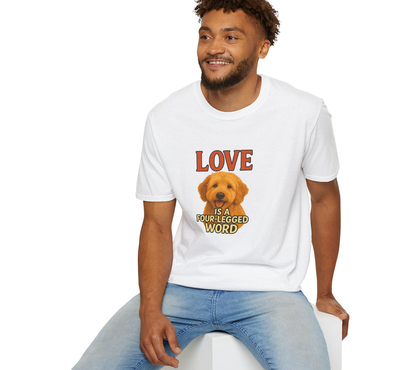 Man wearing a white t-shirt with a dog graphic and text, sitting on a white stool against a white background.