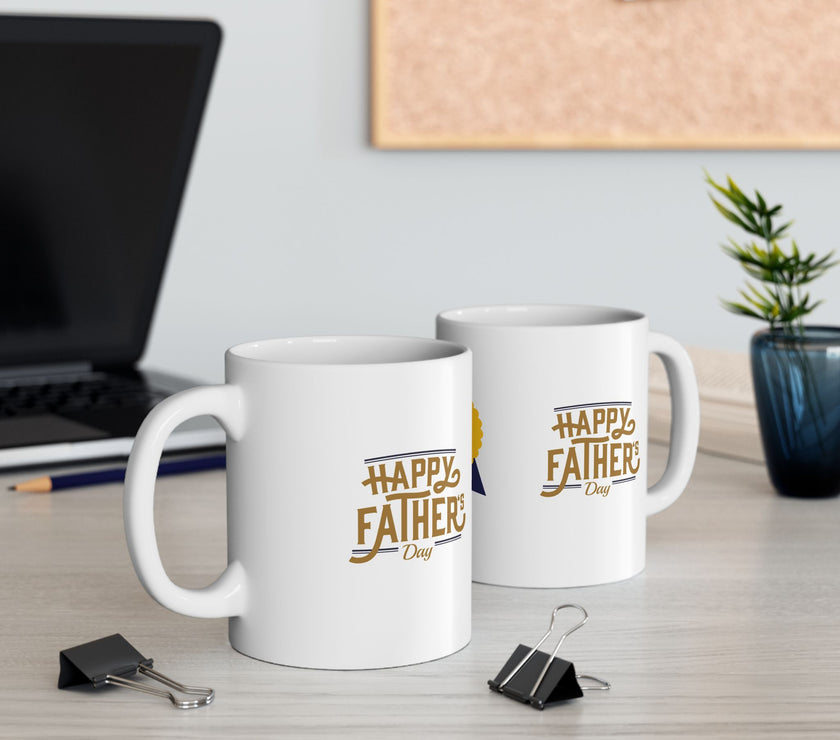 White ceramic mug featuring a #1 Dad ribbon and Happy Father’s Day message, ideal gift for Father’s Day celebrations."