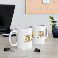 White ceramic mug featuring a #1 Dad ribbon and Happy Father’s Day message, ideal gift for Father’s Day celebrations."