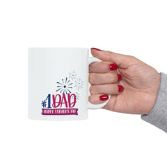 White ceramic mug with colorful #1 Dad and Happy Father’s Day message, accented with fireworks graphics, perfect for celebrating dads.