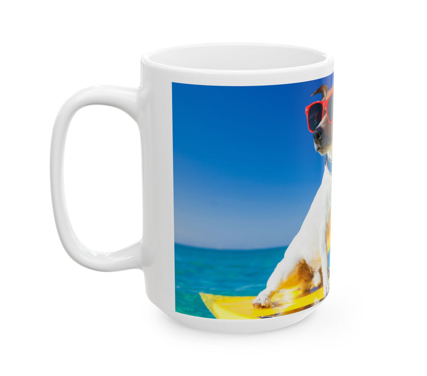Cool Dog Coffee Mug - image of dog with sunglasses on surfboard and message "I work hard so my dog can have a better life” 