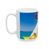 Cool Dog Coffee Mug - image of dog with sunglasses on surfboard and message "I work hard so my dog can have a better life” 