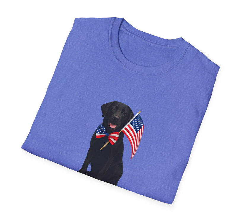 Heather Royal  t-shirt featuring a patriotic Black Lab wearing an American flag bowtie and holding U.S. flags, with the Black Lab phrase "Born to Be Free" printed below — perfect for dog lovers and patriotic Americans.