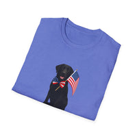 Heather Royal  t-shirt featuring a patriotic Black Lab wearing an American flag bowtie and holding U.S. flags, with the Black Lab phrase "Born to Be Free" printed below — perfect for dog lovers and patriotic Americans.