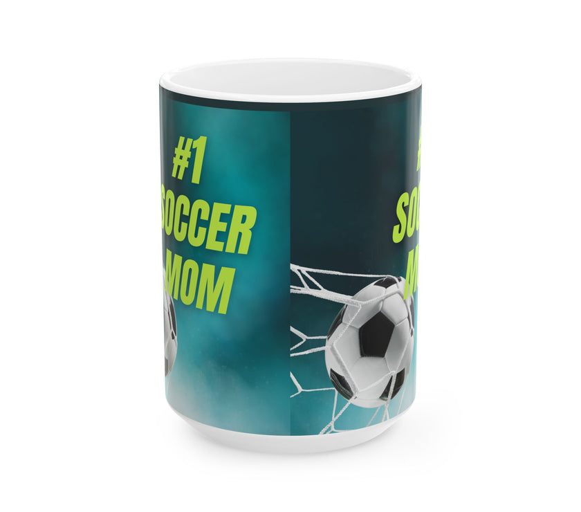 Mug with '#1 Soccer Mom' text and soccer ball design on a teal background