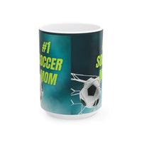 Mug with '#1 Soccer Mom' text and soccer ball design on a teal background