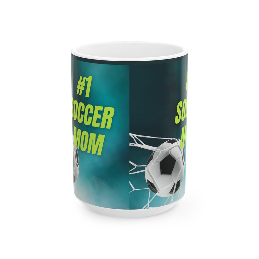 Mug with '#1 Soccer Mom' text and soccer ball design on a teal background