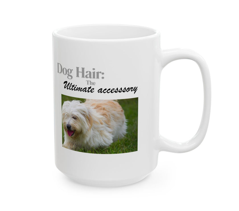 White ceramic mug featuring a photo of dogs lying on grass, with the humorous quote "Dog Hair: The Ultimate Accessory" printed below the image.