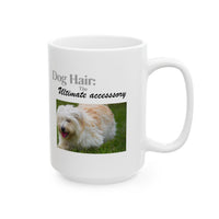 White ceramic mug featuring a photo of dogs lying on grass, with the humorous quote "Dog Hair: The Ultimate Accessory" printed below the image.