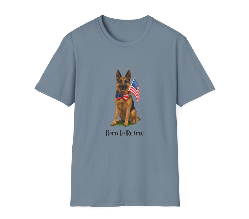Stone Blue t-shirt featuring a patriotic German Shepherd wearing an American flag bowtie and holding U.S. flags, with the phrase "Born to Be Free" printed below — perfect for dog lovers and patriotic Americans.
