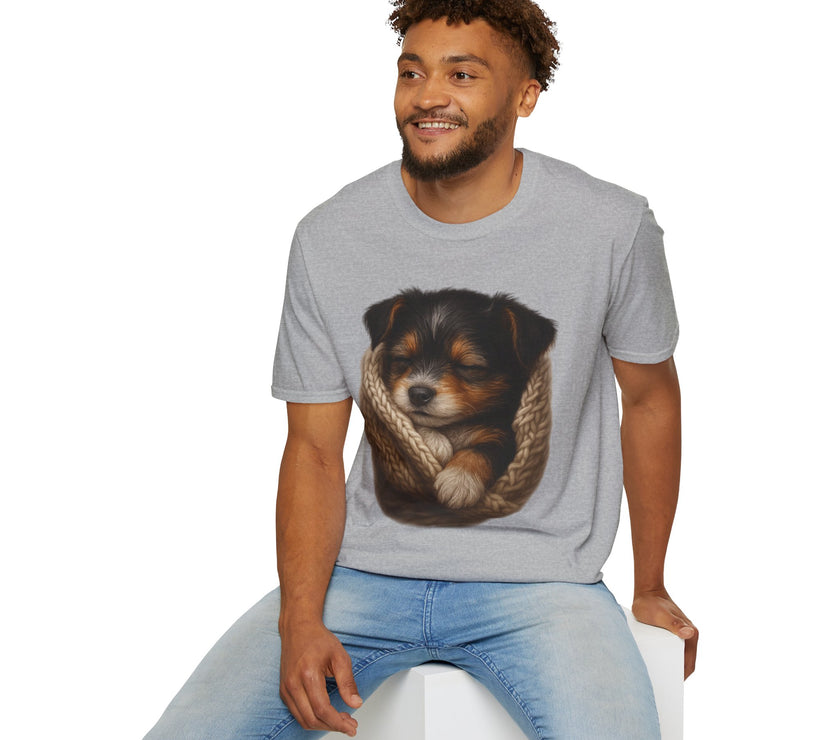 Man wearing a gray t-shirt with a dog graphic on a white background