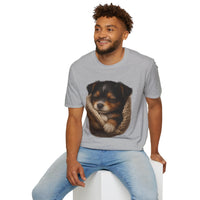 Man wearing a gray t-shirt with a dog graphic on a white background