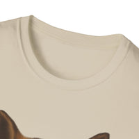 Close-up of a beige tank top with a cat design on a white background