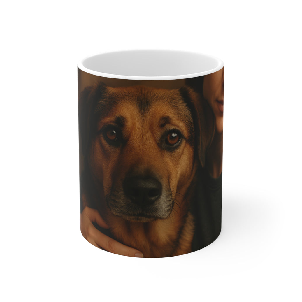 Mug with a dog's face printed on it against a white background