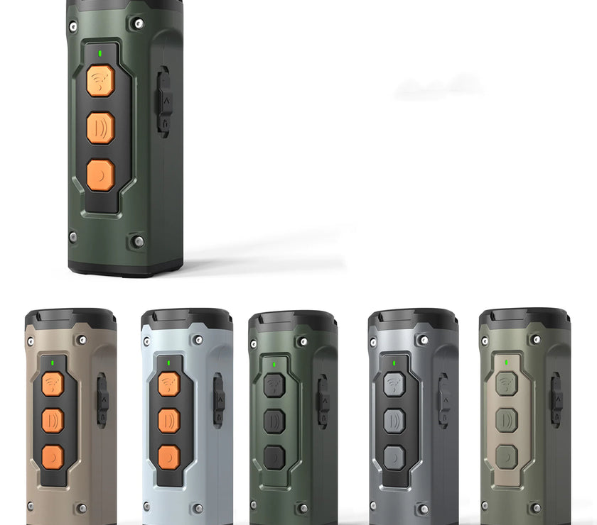 A series of  handheld ultrasonic dog training device featuring three mesh speaker emitters, control buttons, and an integrated flashlight on top.