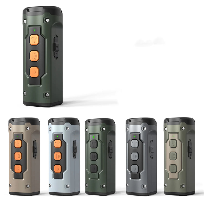 A series of  handheld ultrasonic dog training device featuring three mesh speaker emitters, control buttons, and an integrated flashlight on top.