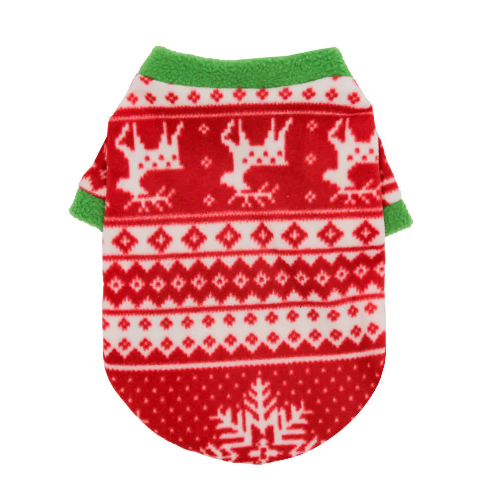 Red and green dog sweater with reindeer and snowflake pattern on a white background