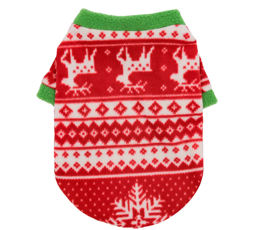 Red and green dog sweater with reindeer and snowflake pattern on a white background
