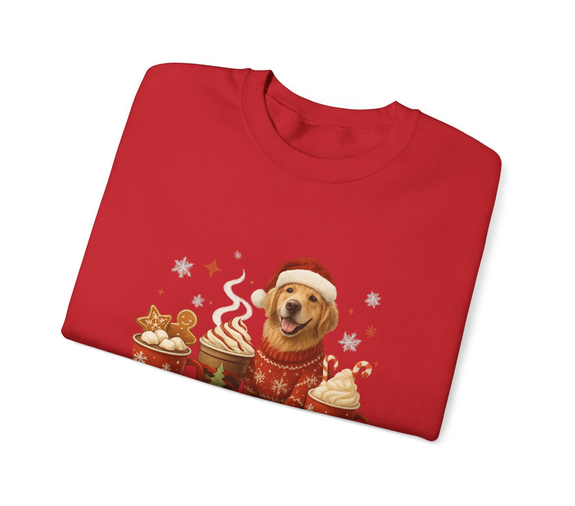 Folded red sweatshirt with a Christmas-themed design featuring a dog in a Santa hat.