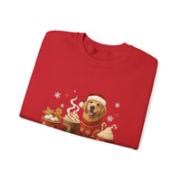 Folded red sweatshirt with a Christmas-themed design featuring a dog in a Santa hat.