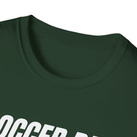 Close-up of a green t-shirt with text on a white background