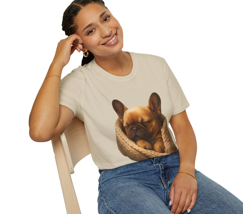 Person wearing a t-shirt with a dog graphic on a white background