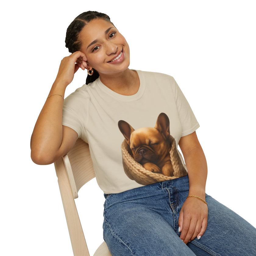 Person wearing a t-shirt with a dog graphic on a white background