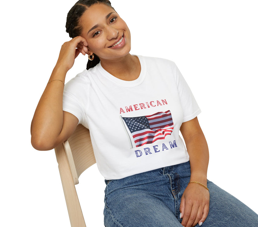 Female wearing T-shirt featuring an American flag graphic with the words 'AMERICAN DREAM' in red and blue text above and below the flag