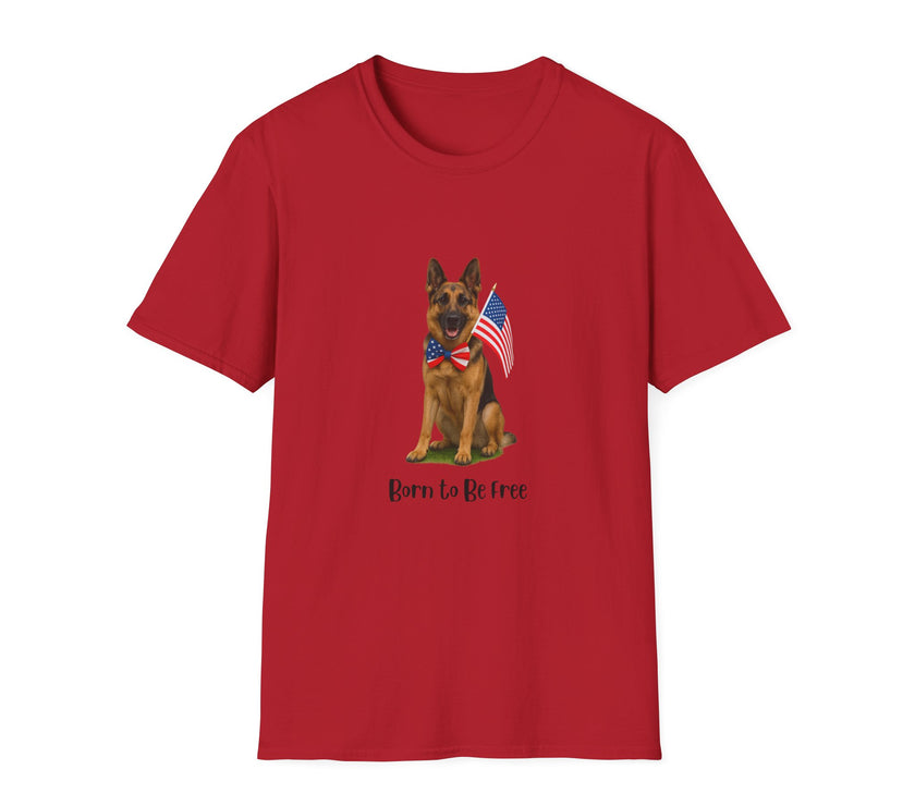 Cherry Red t-shirt featuring a patriotic German Shepherd wearing an American flag bowtie and holding U.S. flags, with the phrase "Born to Be Free" printed below — perfect for dog lovers and patriotic Americans.