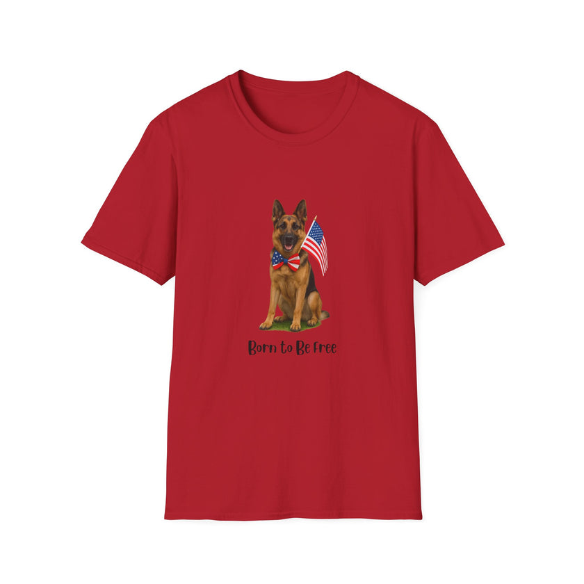 Cherry Red t-shirt featuring a patriotic German Shepherd wearing an American flag bowtie and holding U.S. flags, with the phrase "Born to Be Free" printed below — perfect for dog lovers and patriotic Americans.