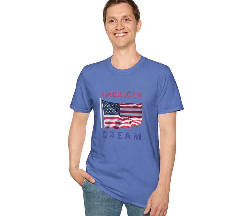 Male wearing T-shirt featuring an American flag graphic with the words 'AMERICAN DREAM' in red and blue text above and below the flag