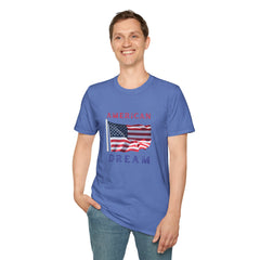 Male wearing T-shirt featuring an American flag graphic with the words 'AMERICAN DREAM' in red and blue text above and below the flag