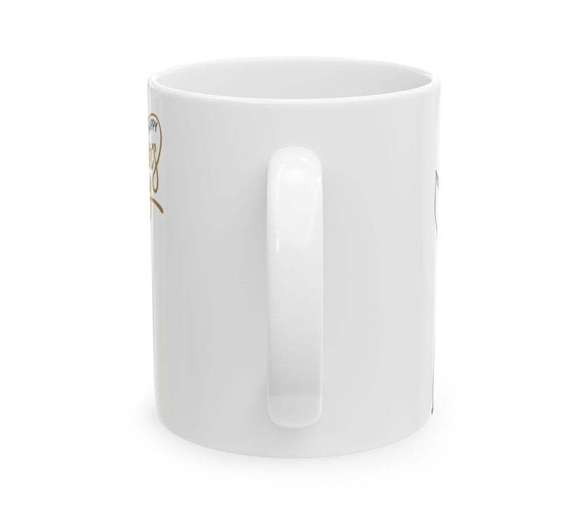 White ceramic mug featuring a silhouette of a child holding a fishing rod next to an adult figure, with the words "Happy Father's Day" in gold script above—an ideal gift for dads who love fishing and family time.
