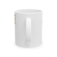 White ceramic mug featuring a silhouette of a child holding a fishing rod next to an adult figure, with the words "Happy Father's Day" in gold script above—an ideal gift for dads who love fishing and family time.