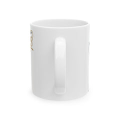 White ceramic mug featuring a silhouette of a child holding a fishing rod next to an adult figure, with the words "Happy Father's Day" in gold script above—an ideal gift for dads who love fishing and family time.