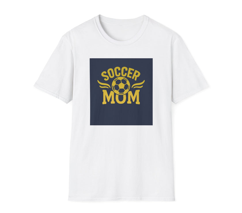White t-shirt with 'Soccer Mom' graphic on a white background