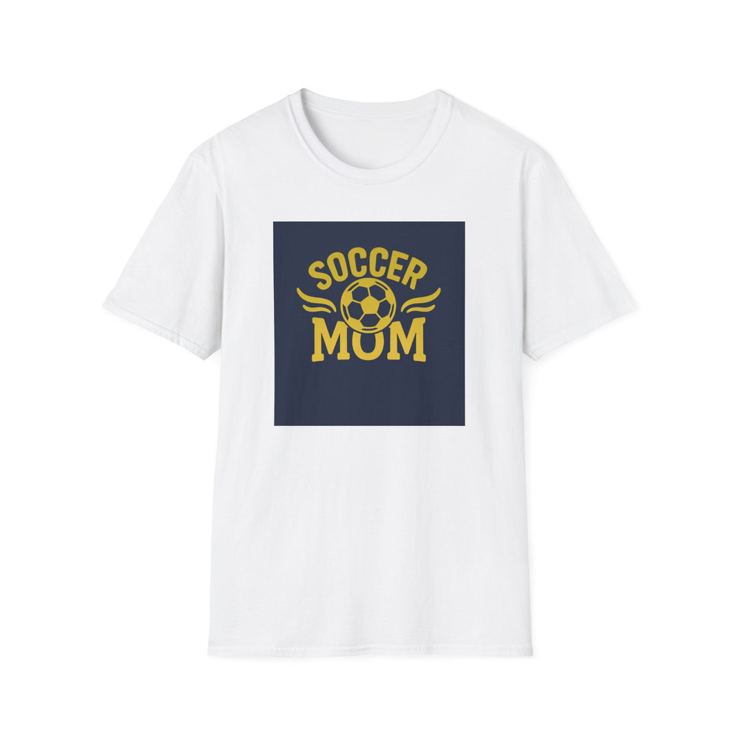 White t-shirt with 'Soccer Mom' graphic on a white background