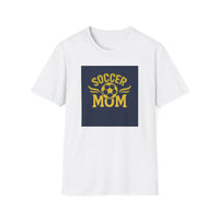 White t-shirt with 'Soccer Mom' graphic on a white background