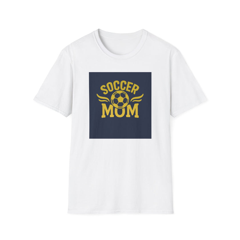 White t-shirt with 'Soccer Mom' graphic on a white background