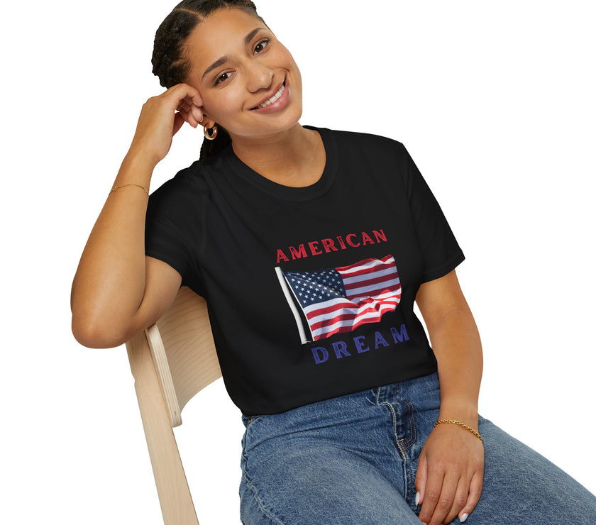 Female wearing T-shirt featuring an American flag graphic with the words 'AMERICAN DREAM' in red and blue text above and below the flag