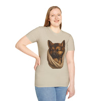 Person wearing a beige t-shirt with a graphic of a dog in a sling on a white background