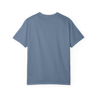 Jean color t-shirt featuring a yellow and navy blue award ribbon graphic on the chest with the text "#1 Dad," designed as a fun and heartfelt Father's Day gift.